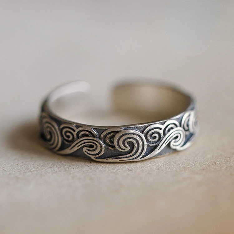

Sterling silver 925 handmade auspicious cloud national style opening cold wind ring women's birthday gift vintage