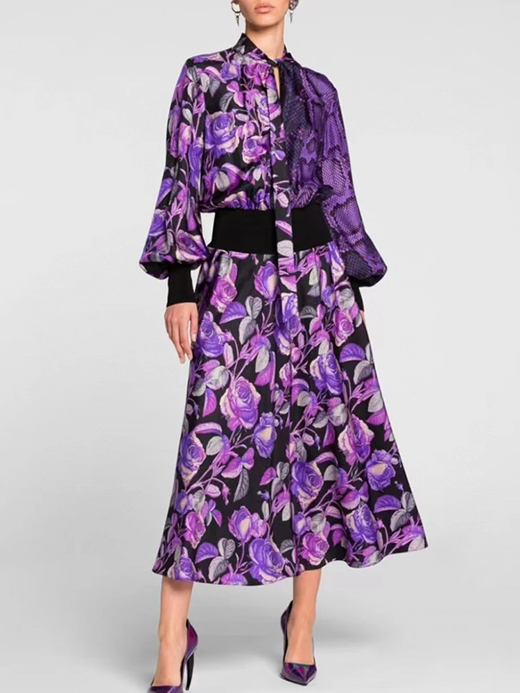 Runway Fashion 2022 Autumn Elegant Dress Women Lantern Sleeve Purple Flowers Printed Belt A-Line Office Lady