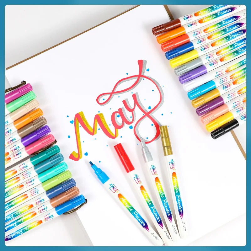 24Pcs/Set Acrylic Paint Marker Pens For Rock Painting Stone Ceramic Porcelain Mug Wood Fabric Canvas Marking Pens Art Supplies