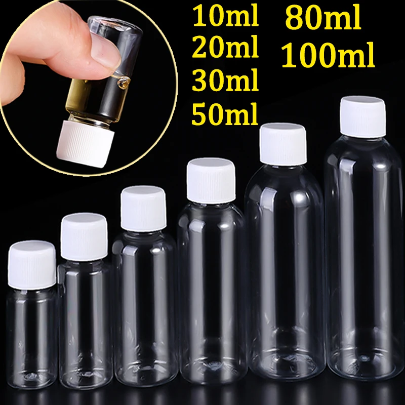 

1/10Pcs Refillable Bottles 10ml 20ml 30ml 50ml 80ml 100ml Plastic PET Clear Empty Seal Sample Containers With Screw Cap