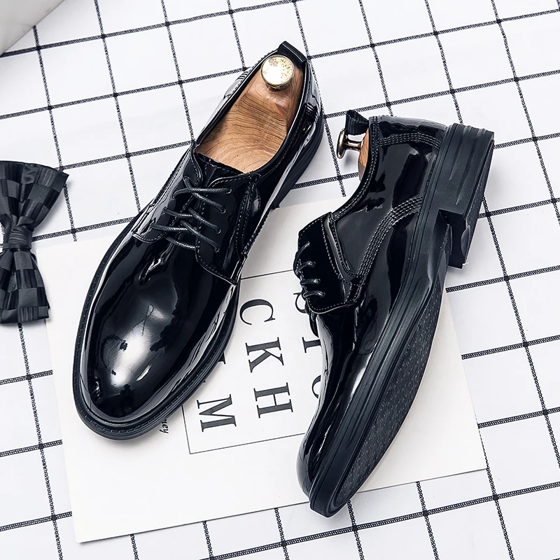 

gentleman casual business shoes black lace-up derby shoe wedding dress breathable patent leather footwear pointed toe sneakers