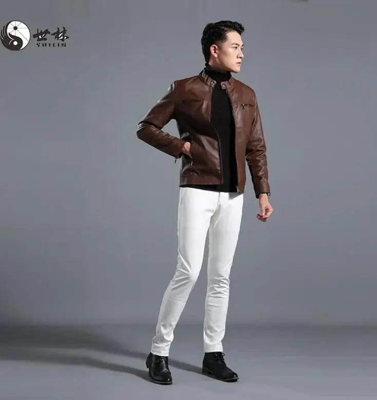 

Брюки мужские из искусственной кожи, белые модные штаны для мотоциклистов, Индивидуальные брюки из экокожи, черные синие, весна-осень