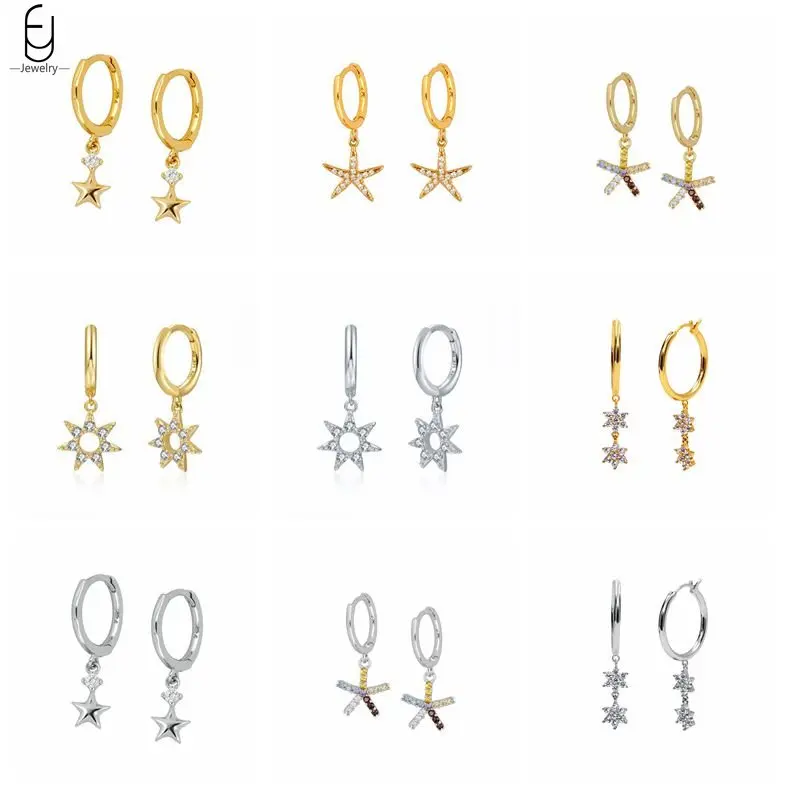 

925 Sterling Silver Needle Classic Zircon Star Pendant Hoop Earrings For Women Jewelry Pendiente Girlfriend Wedding Banquet