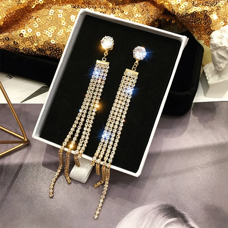 

Fashion Long Tassel Full Rhinestone Drop Earrings for Women Shiny Crystal Water Drop Flowers Dangle Earring Party Jewelry Gifts