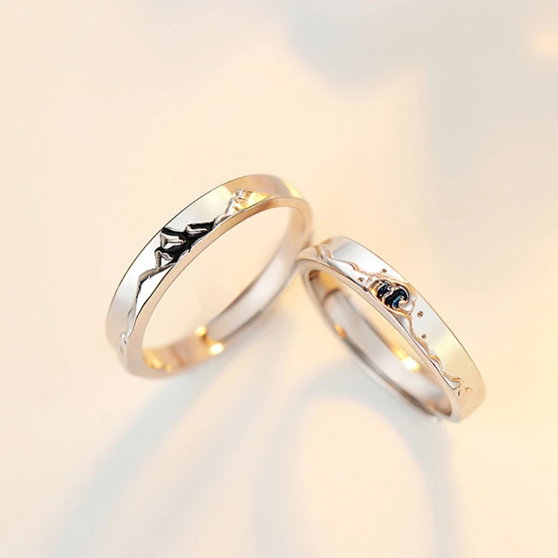 

2 Pcs Personalized Couple Rings Minimalist Mountains Seas Ring Jewelry Set Adjustable His Her Matching Ring for Lover