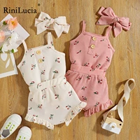 rinilucia 3pcs newborn summer baby girls clothes set toddler strap romper infant cute outfit ruffle short sleeve shorts headband
