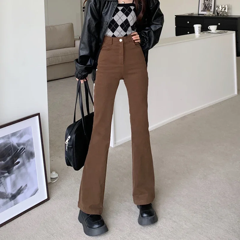 Женские джинсы-клеш с завышенной талией коричневые джинсовые брюки-клеш высокой