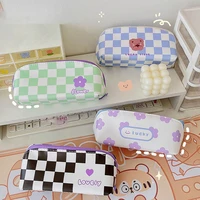 cute flowers plaid huge capacity pencil case pu leather pencilcase student pen holder pen bag school stationery pouch supply