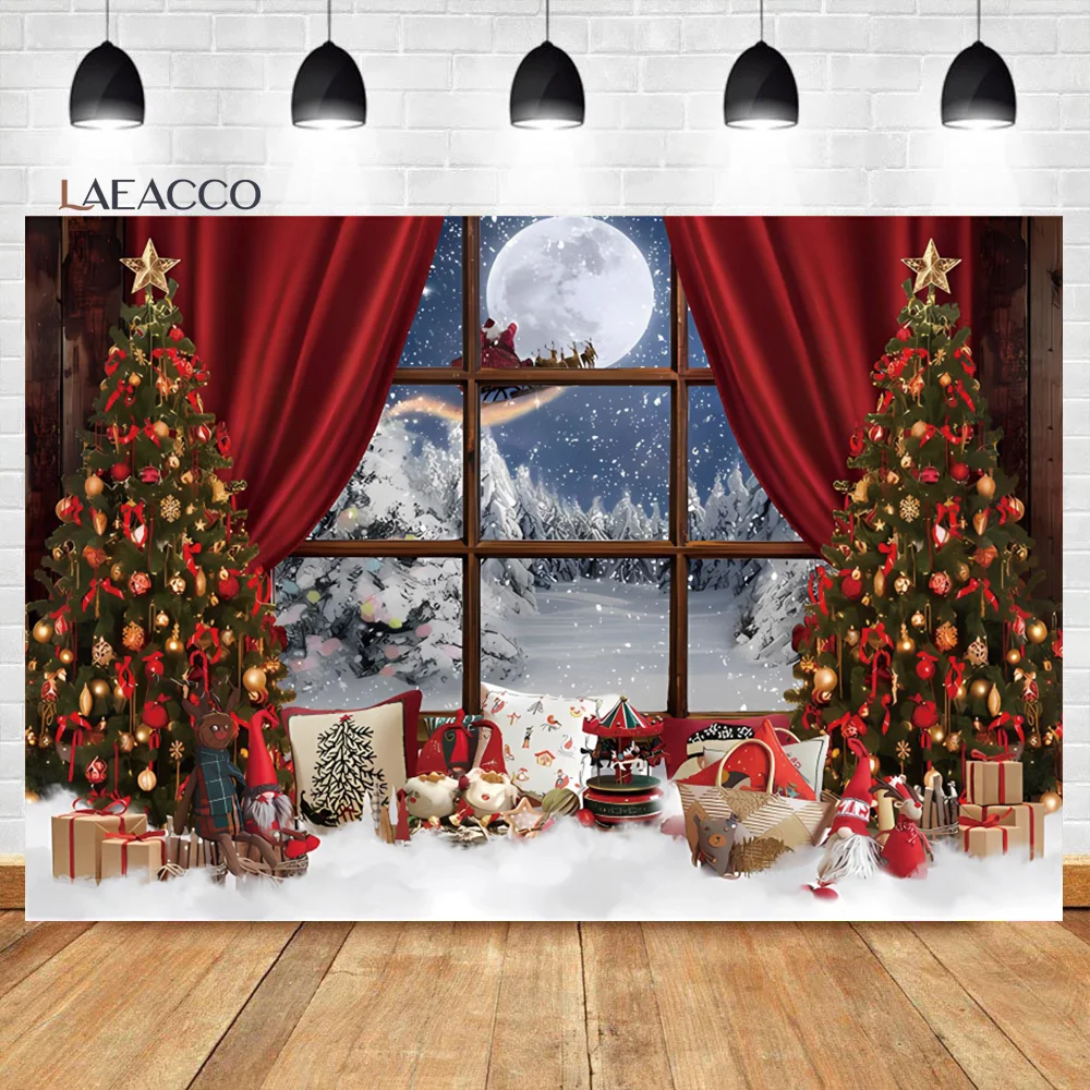 

Laeacco Christmas Window Backdrop Winter Wonderland Snow Tree Starry Sky Moon Reindeer Santa Kid Portrait Photography Background