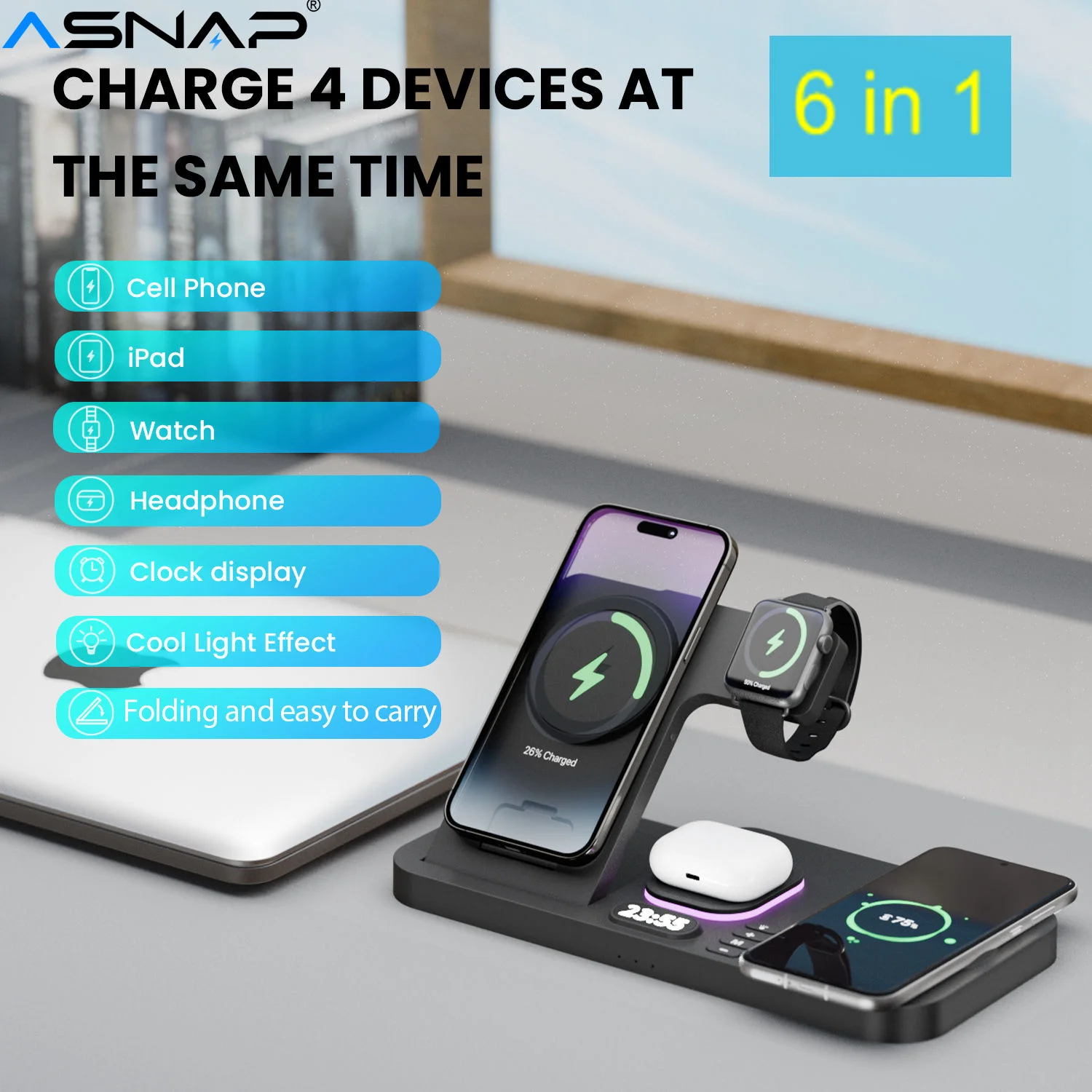 ASNAP 6 в 1 Беспроводная зарядная станция 15 Вт Подставка для быстрой зарядки