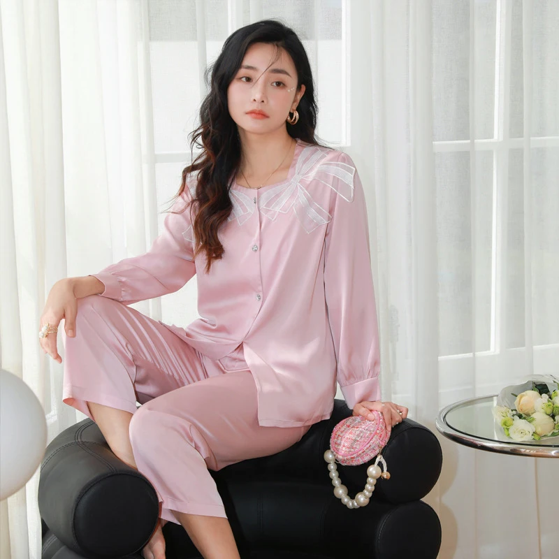 

Атласный Женский пижамный комплект, модная однотонная пижама с длинным рукавом, на пуговицах, с перьями, Повседневная Домашняя одежда, женс...