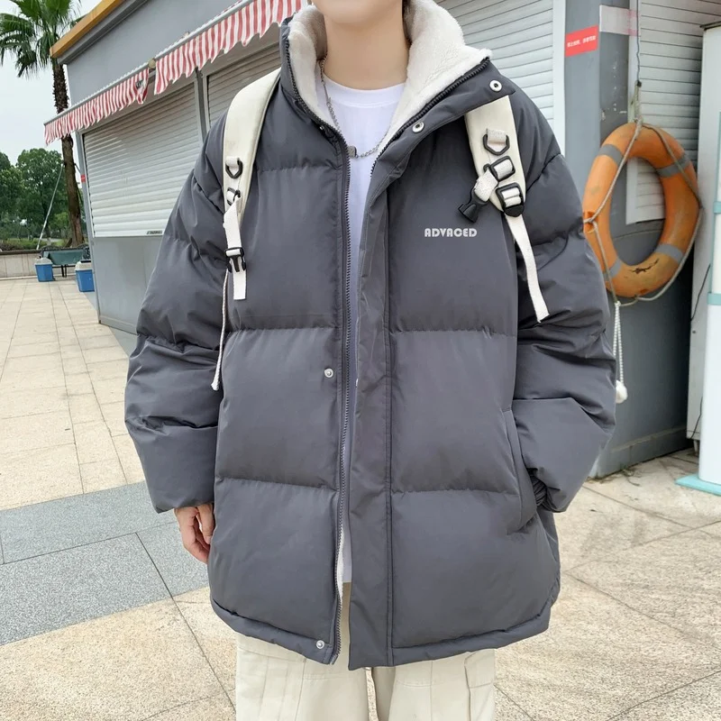 

Fleece Thicken Letter Graphic Men Winter Coat Stand Collar Oversize Parkas Male Padded Coat Warm Korean Jackets