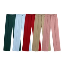 women fashion office wear side pockets straight pants vintage high waist zipper fly female trousers mujer
