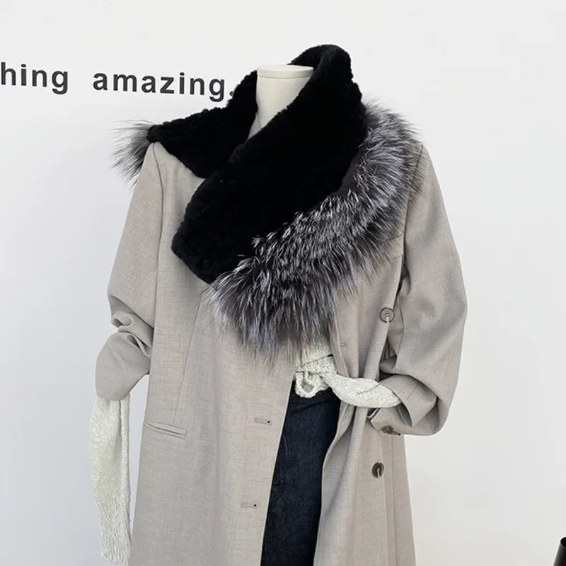 Женский вязаный шарф из меха кролика Рекс теплый толстый меховой с лисьим мехом