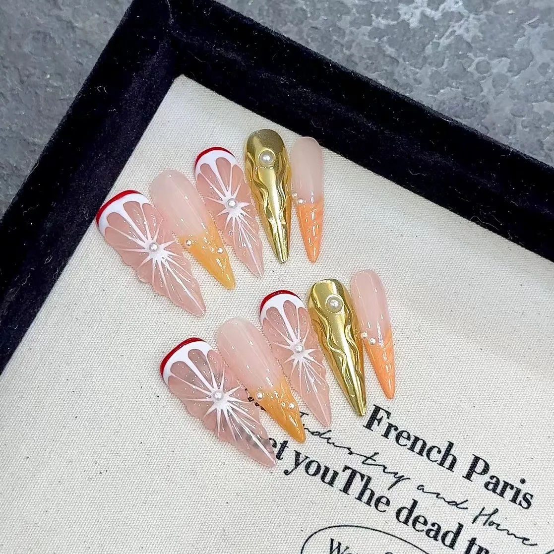 Накладные ногти ручной работы с 3D полосками лимон Декор 10 шт. носимых накладных