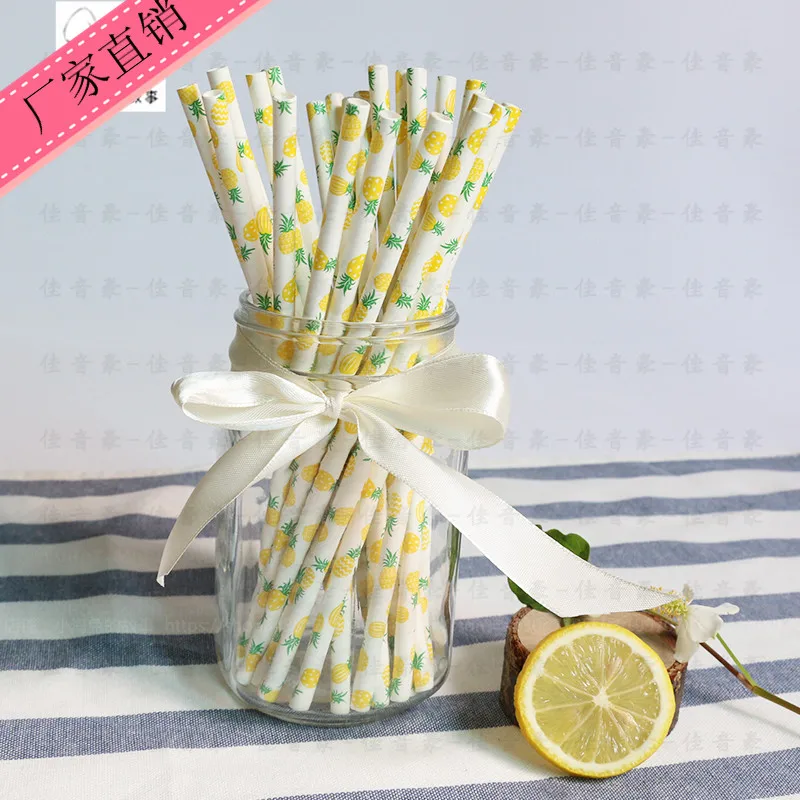 

Festive Supplies Event Party Tableware Fruit Pineapple Pattern Environmental Kraft Disposable Paper Straw 100 Pcs/lot