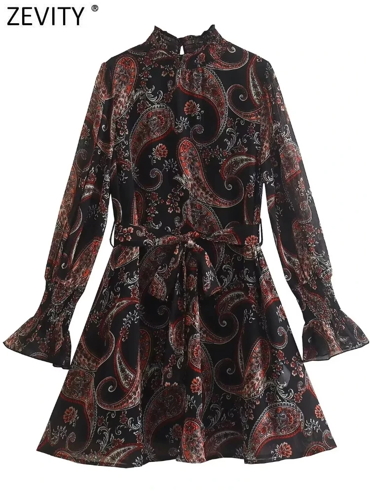 

Zevity 2022 Women Vintage Elastic Stand Collar Paisley Floral Print Ruffles Mini Dress Female Chic Belt A Line Vestidos DS3259