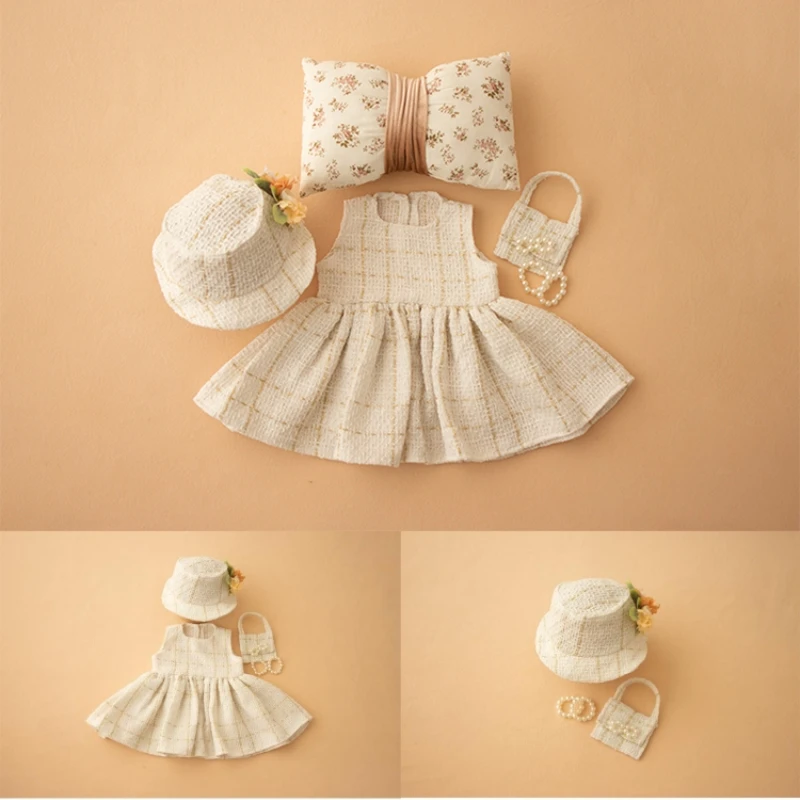 Dvotinst Newborn Photography Props Elegant Small Fragrance Rich Girl Dress Hat Pillow Bracelet Set Studio Shooting Photo Props