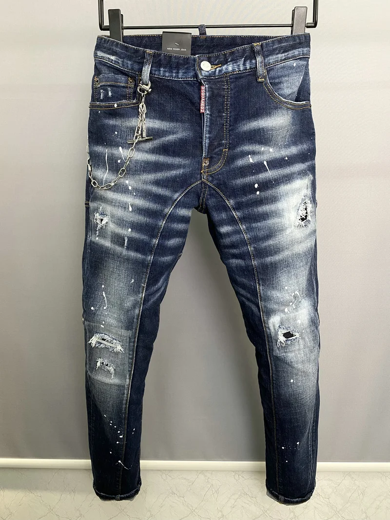 

New DSQUARED2 Men's/Women's Stitching Ripped Jeans Fashion Slim Three-Dimensional Cut Patch Elastic Feet A508