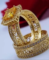 2pcsset luxury gold plated inlaid champagne zircon ring fashion domineering inlaid with a circle of zircon engagement set