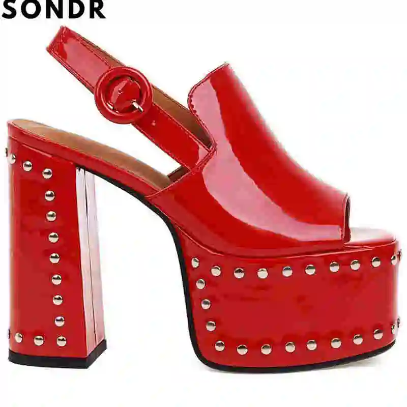 

Ladies Sexy Patent leather Rivet Muller Shoes Sandals 2022 New Summer Thick High Heel Platform Big Size Women's Shoes Black Red