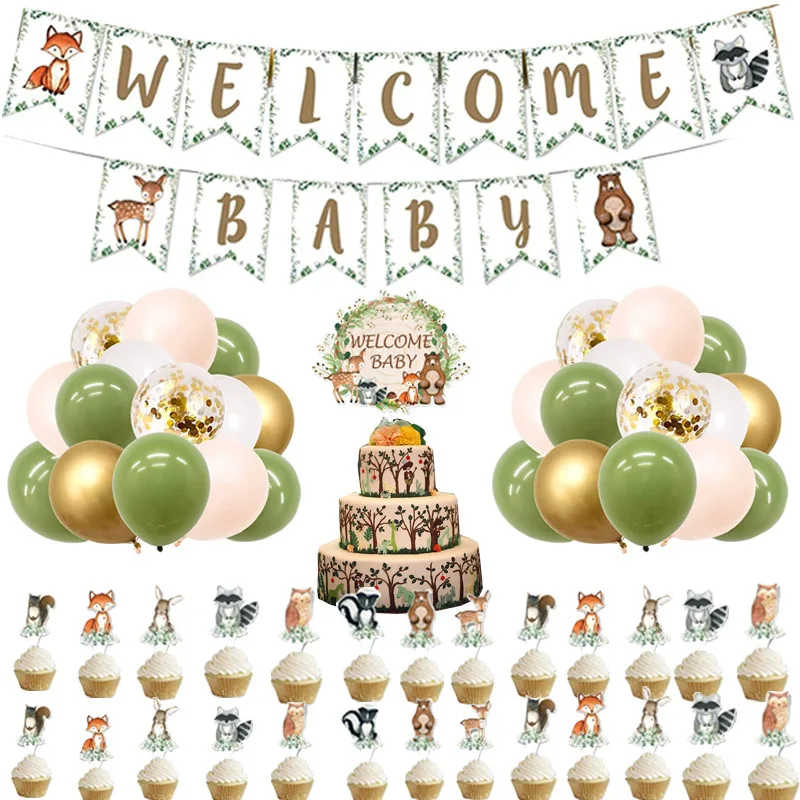 

JOLLYBOOM Jungle Animal Theme Party Decoration Gold Confetti Balloon Set Welcome Baby Banner Cake Topper Baby Shower Supplies