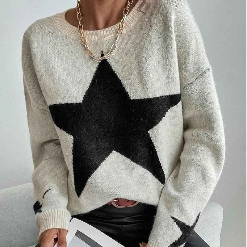 

2023 Spring Autumn New Sweater Women's Pullover Crew Neck Star Thread Sweater Jumper