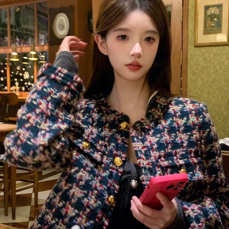 

Куртка женская твидовая в клетку, с круглым вырезом, свободного покроя