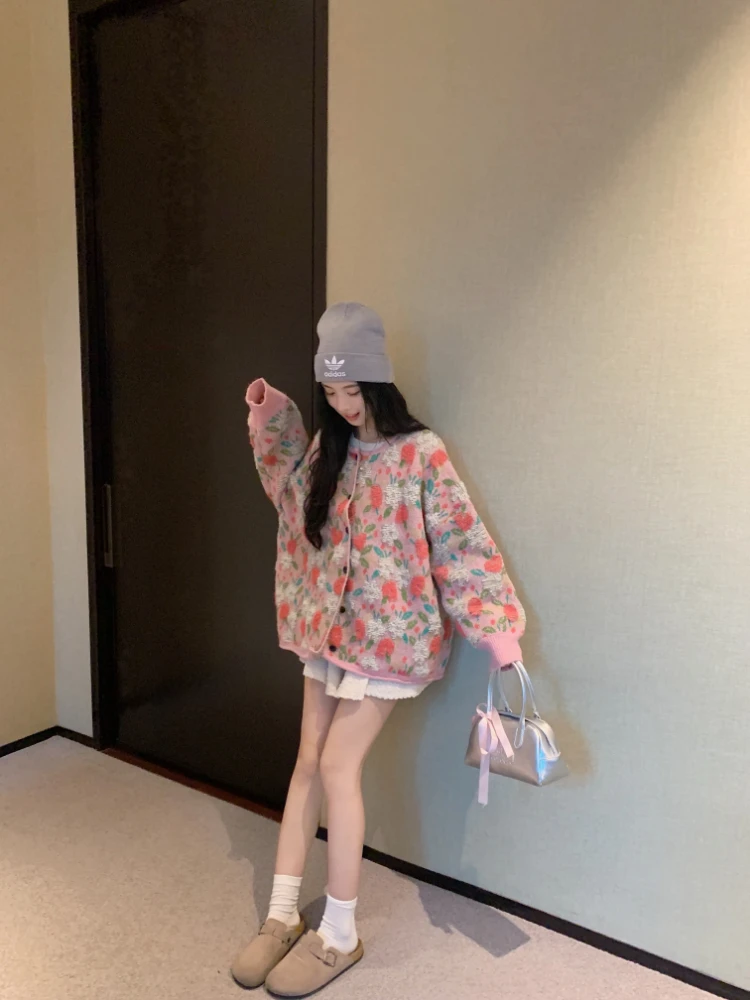 Женский трикотажный свитер с длинным рукавом Розовый однобортный Кардиган в