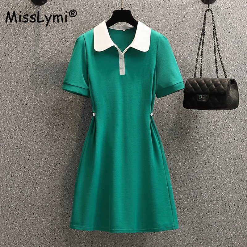 

Big Size Women Solid Color Cotton T shirt Dress Summer 2022 Turn-down Collar Patchwork Short Sleeve Casual Green Dresses