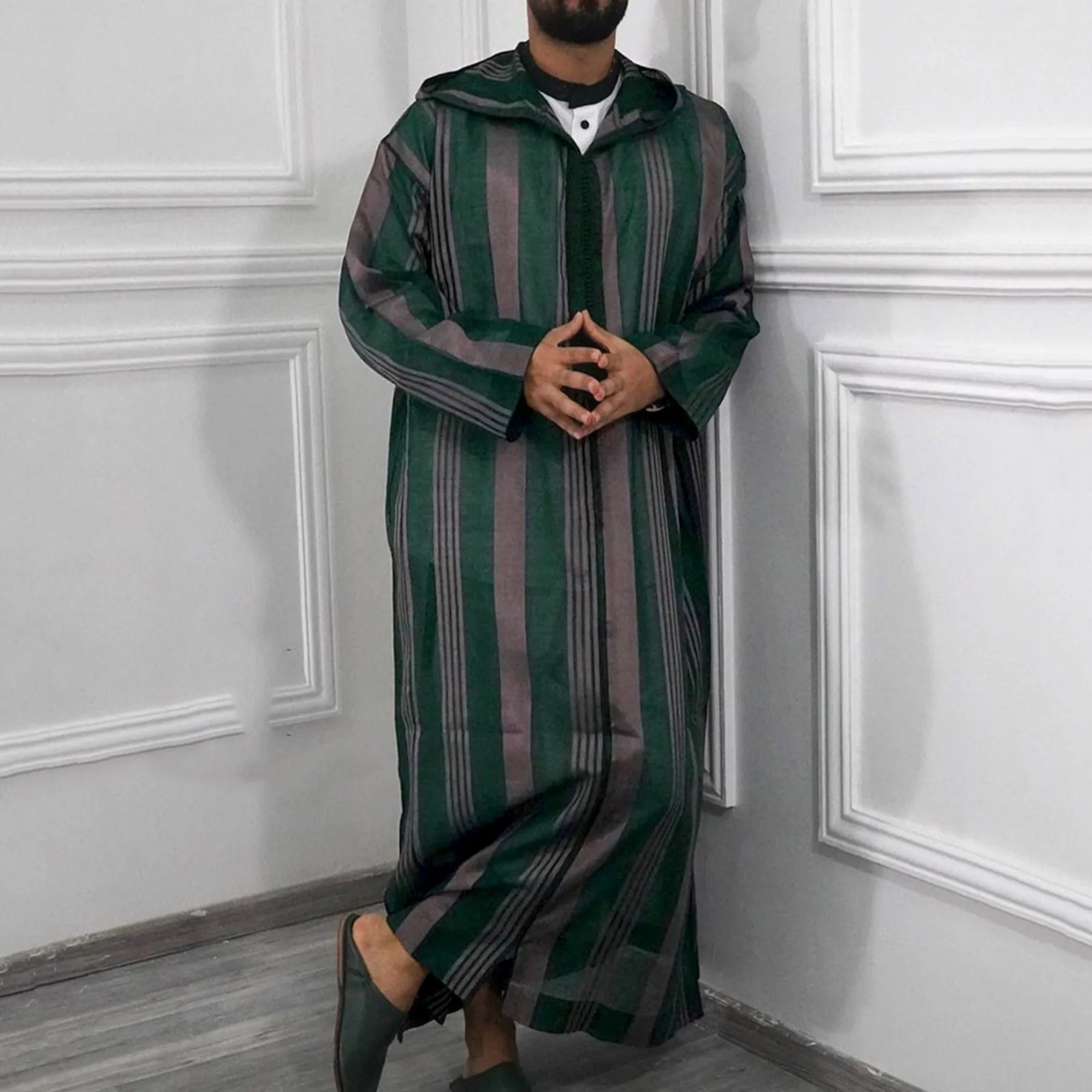 

Mens Dress Shirt Button Down Collar Hooded Men'S Striped Jubba Long Zipper Muslim Half Sleeve Thobe Cotton Mens Dress Shirts