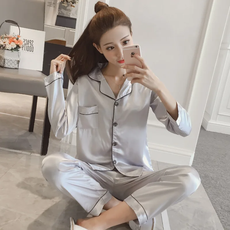 Imitated Silk Pajamas Women's Autumn Long Sleeve Ice Silk Suit Korean Style Casual Cardigan Silk Pajamas Can Outerwear Homewear