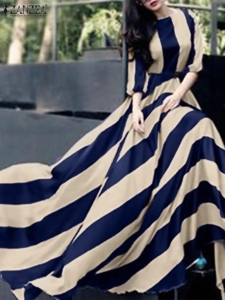

ZANZEA Elegant Striped Printed Maxi Dress Summer Party Club Vestidos Oversized Kaftan Women Casual Long Sleeve O Neck Sundress