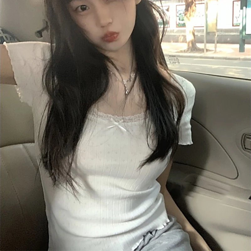 Женская кружевная футболка с коротким рукавом и квадратным вырезом