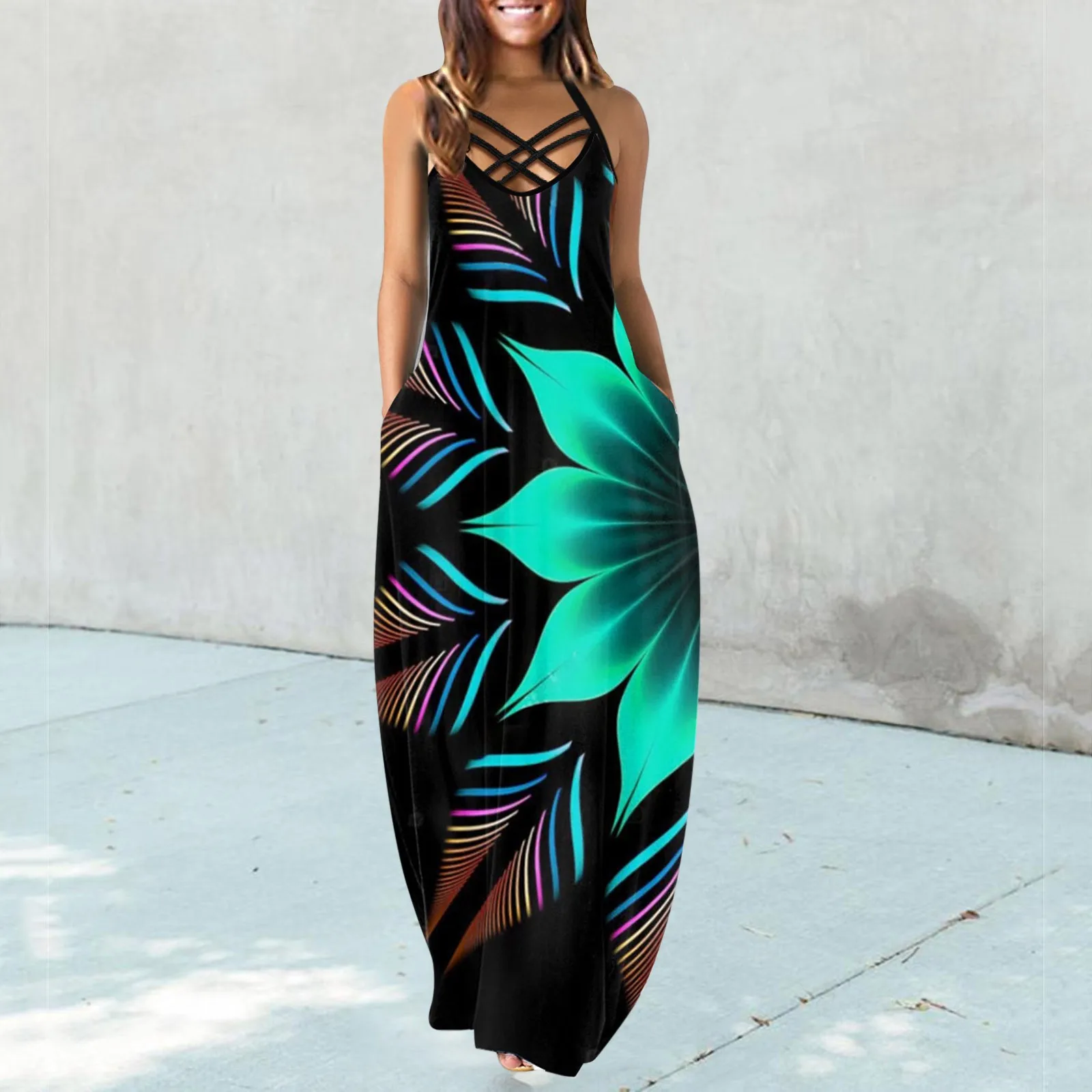 

Платье женское длинное с цветочным принтом, модное Макси-платье свободного покроя без рукавов, с круглым вырезом, с карманами и перекрестны...