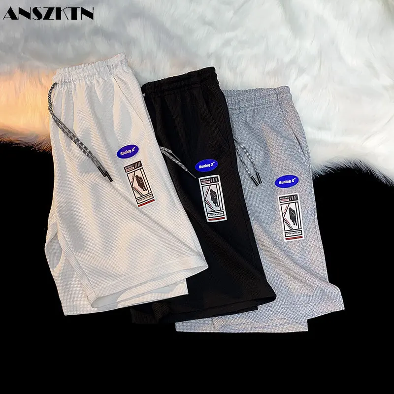 

ANSZKTN Waffle shorts men's summer trendy American retro casual pants fried street sporty style loose cropped pants