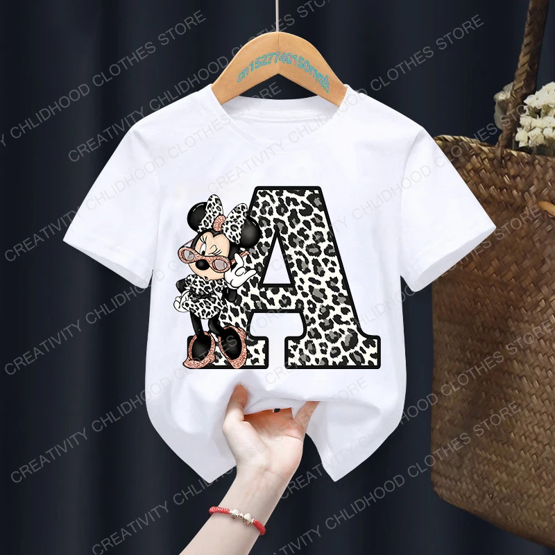 Summer Minnie Letter A B C D Children T-shirt Kawaii Disney T Shirt Anime Cartoons Casual Clothes Kid Girl Boy Short Sleeve Tops