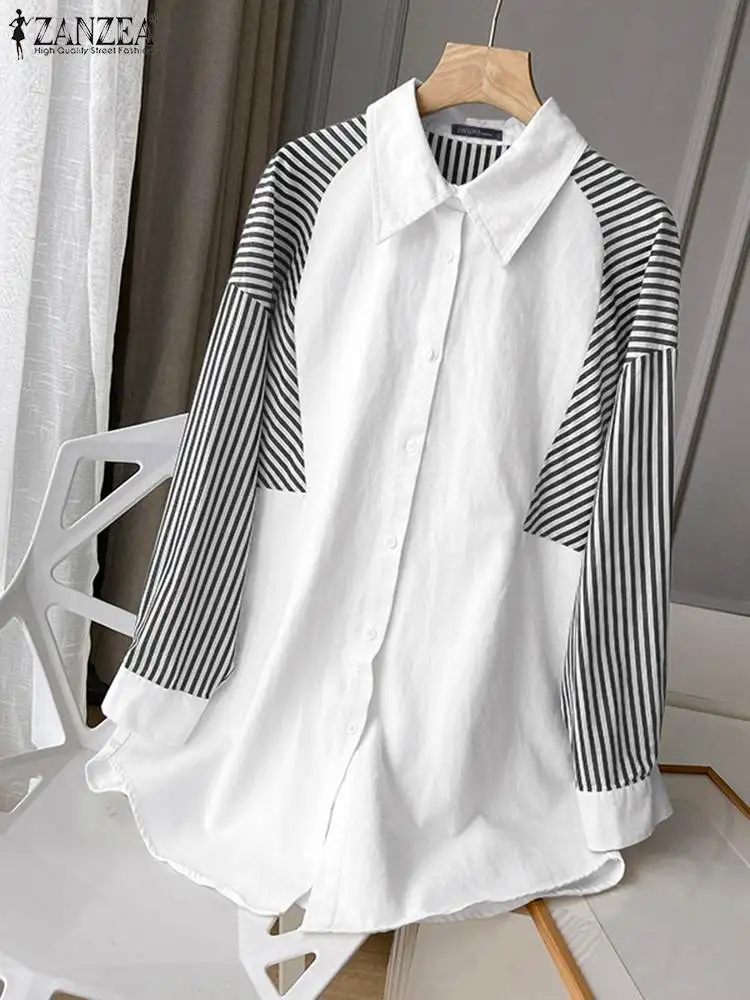

Модная Женская Туника OL ZANZEA в полоску, модель 2022 года, повседневный Свободный Топ с длинным рукавом, Женская Туника оверсайз с лацканами