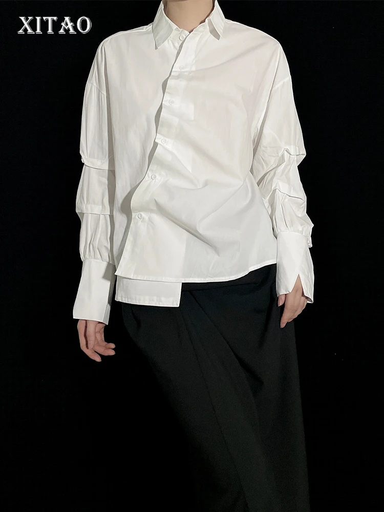 

XITAO Solid Asymmetrical Shirt Women Korea 2022 Summer New Arrival Fashion Loose Turn-down Collar Full Sleeve Shirt WMD5886