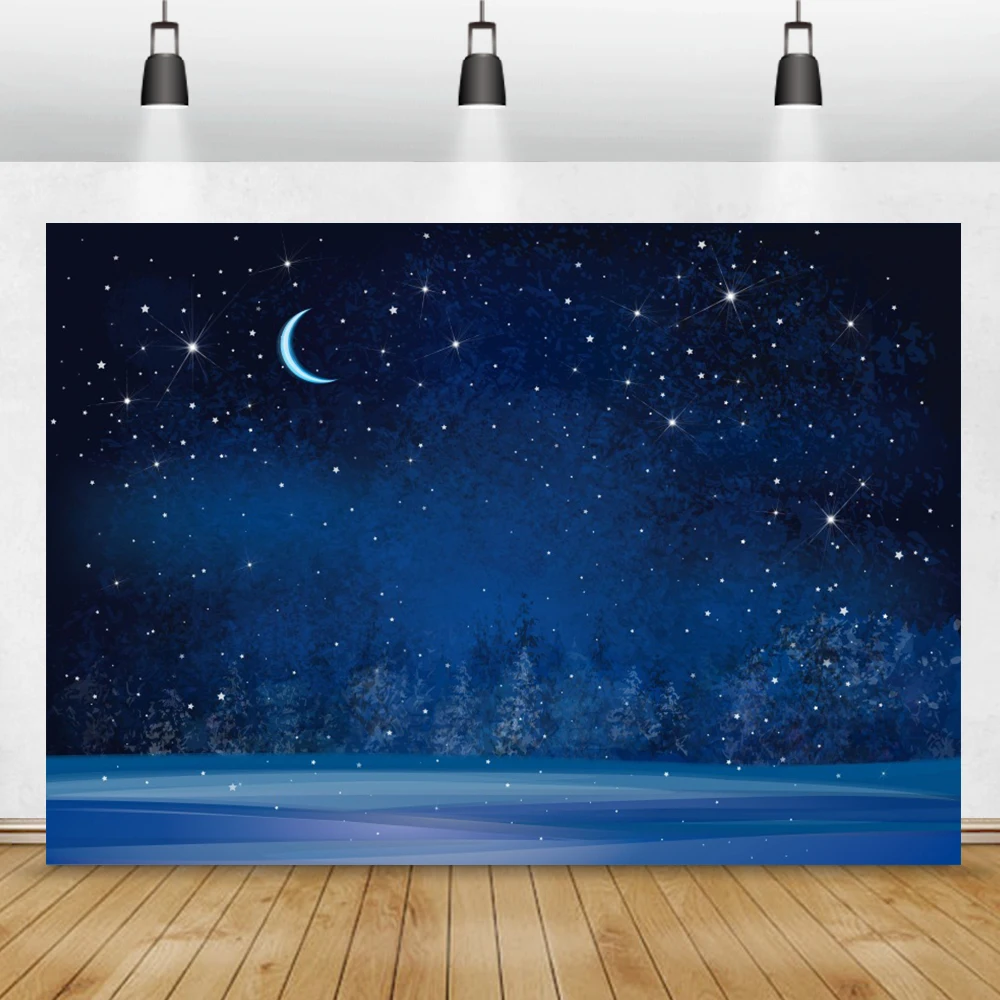 

Photography Background Photo Backdrop Dark Blue Sky Moon Glitter Star Tree Forest Winter Snow Night Scene Photocall Photo Studio