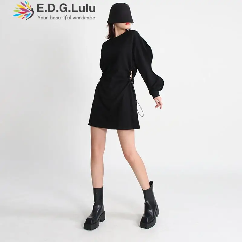 

EDGLuLu Vestidos De Mujer Casual Elegante O-neck Long Sleeves Black Dress Autumn Waist Cutout Drawstring Design Mini Dress 0919