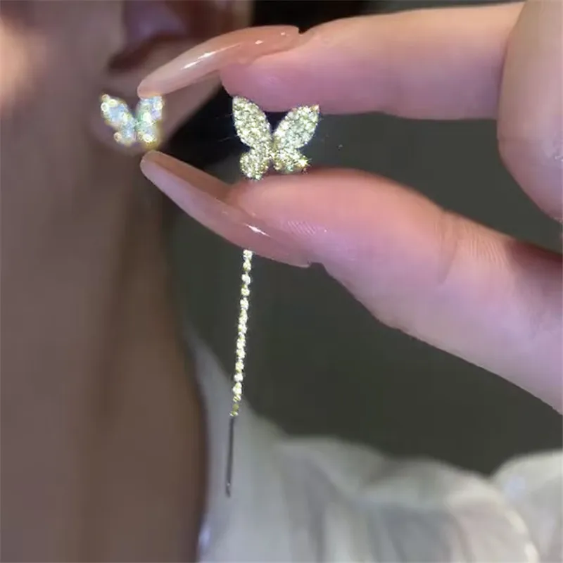 

2023 Korean New Luxury Zirconia Butterfly Stud Earrings for Women Fashion Long Tassel Drop Earring Jewelry Gifts Wedding Party