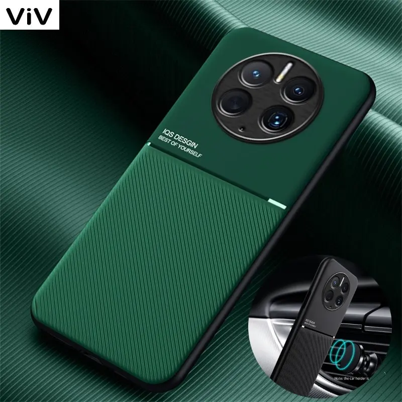 

For Huawei Mate 50 Pro Case Car Magnetic Holder Leather Phone Case For Mate 50 Mate50Pro Soft Silicone Frame Protect Back Cover