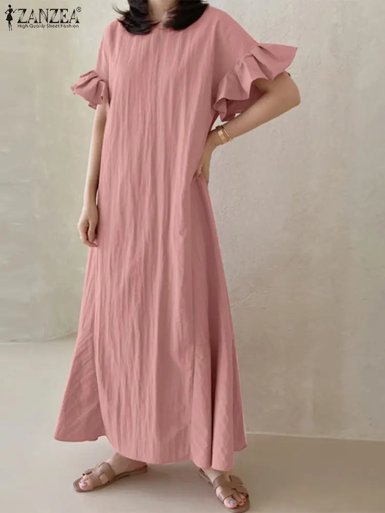 

Платье ZANZEA женское с коротким рукавом, элегантный праздничный пляжный однотонный свободный сарафан с круглым вырезом и оборками для вечери...