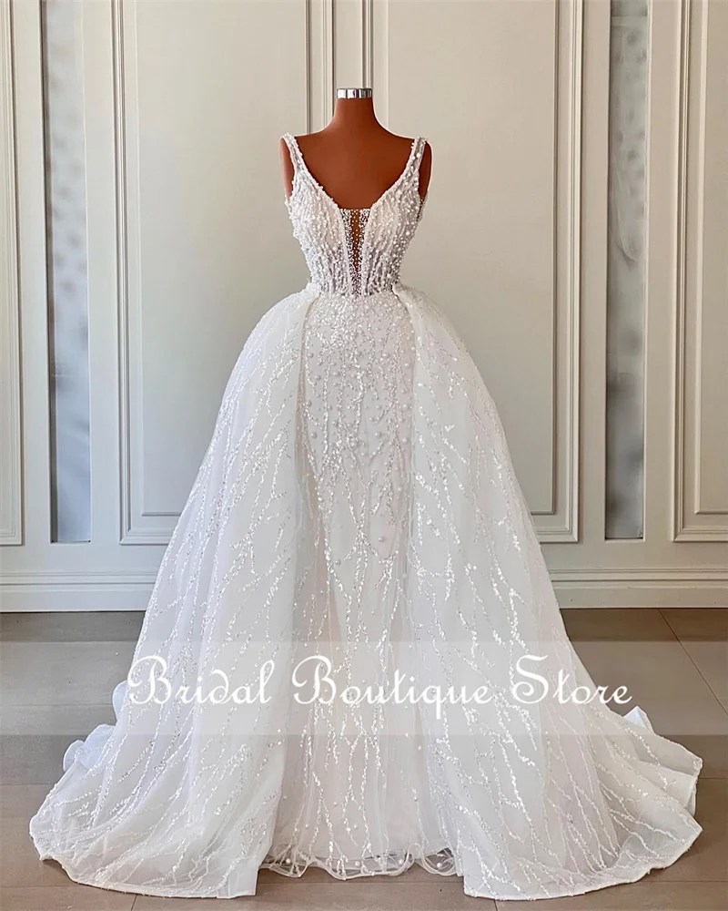 

Роскошные свадебные платья-русалки 2022 со съемным шлейфом и бусинами