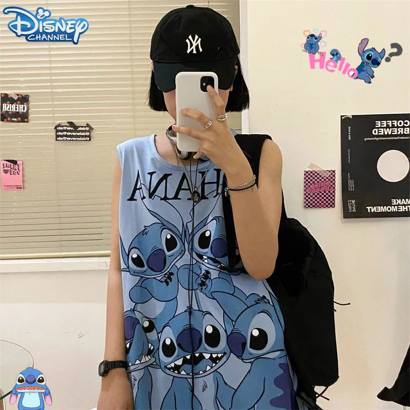 Disney Stitch Vest Cartoon Creativity Boyfriend Summer Short Sleeve T-Shirt Kawaii Girl Sports Basketball Waistcoat Girl Gifts