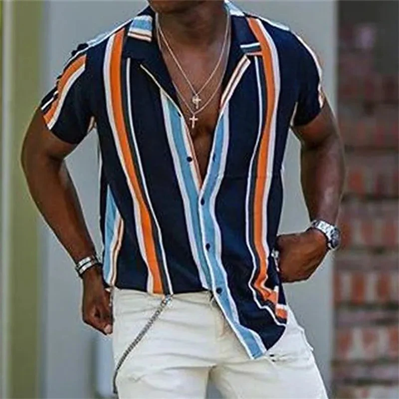 

Men's Shirt Button Up Shirt Summer Shirt Camp Collar Shirt Cuban Short Sleeve Striped Turndown Button-Down Clothing