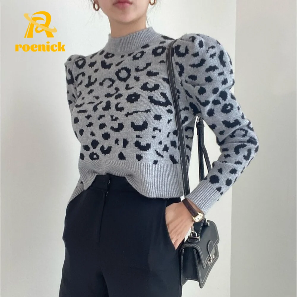 

Женский жаккардовый свитер ROENICK с леопардовым принтом, женские свободные укороченные вязаные топы с круглым вырезом и длинным рукавом, винт...