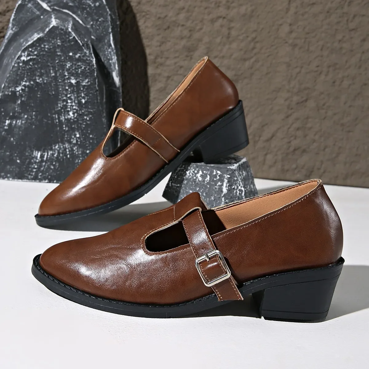 Retro Style Thick Heel Women Mary Jane Shoes Fashion Shallow Pointed Toe Ladies Comfort Office Pumps Footwear Banquet Comfortabl