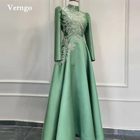 verngo modest a line satin lace evening dresses dubai arabic women kaftan high neck long sleeves formal prom gowns bride dress